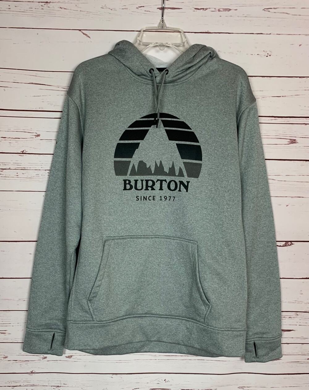 BURTON Men's L Large Gray Black Mountain Graphic Pocket Hooded Hoodie Sweatshirt